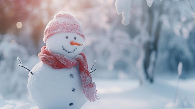 A snowman with a red scarf