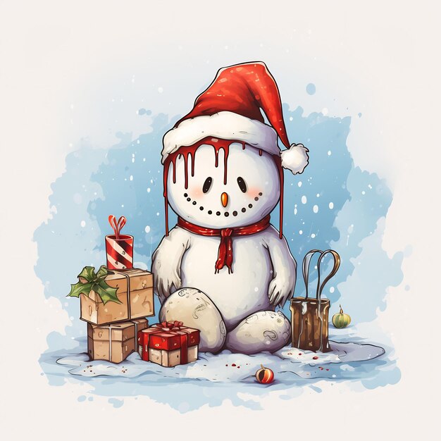 a snowman with a santa hat and a box of presents