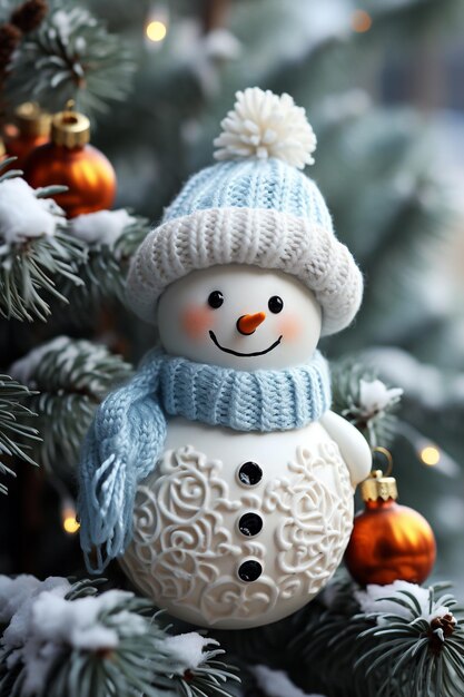크리스마스 트리 가지에 스카프와 모자를 입은 스노우맨 클로즈업