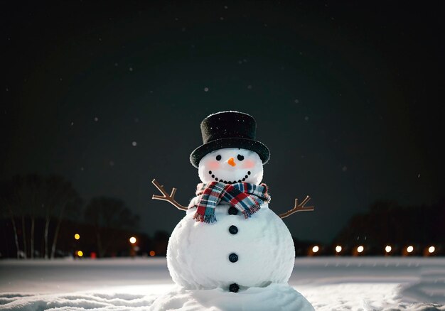 snowman with scarf and hat in winter landscape