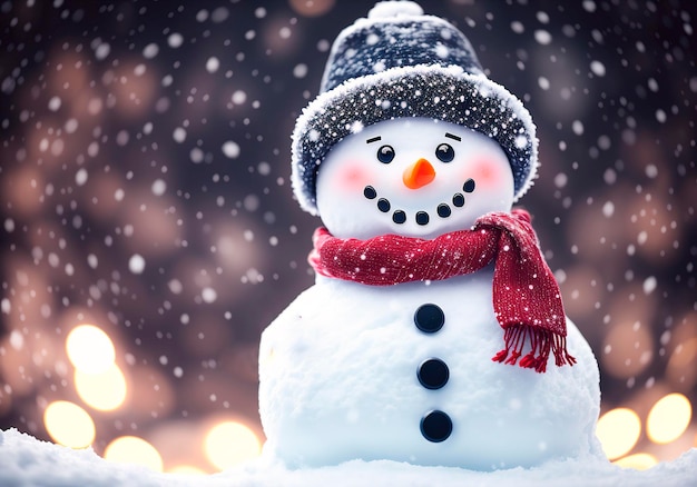 Photo snowman with scarf and hat in winter landscape