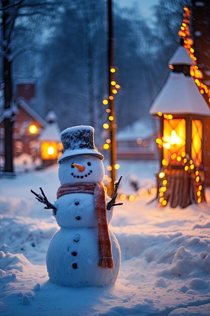 a snowman with a scarf and a hat