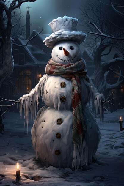 a snowman with a scarf and scarf is standing in front of a house with a lit candle