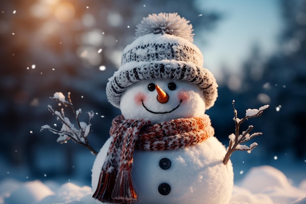 snowman with snow and scarf on a christmas day