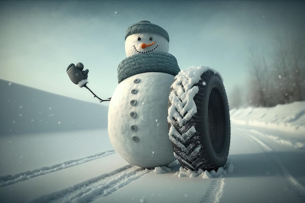 Snowman with tire on his arm ready to throw a snowball fight