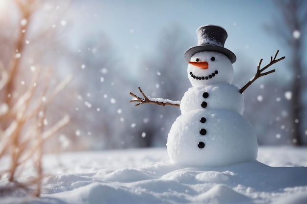 snowman with a top hat and carrot nose standing in a snowy field