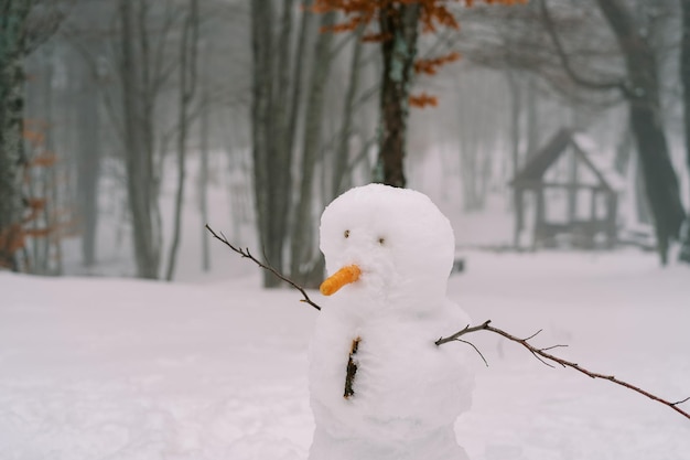 Snowman with twigshands stands near a tree in a snowy forest