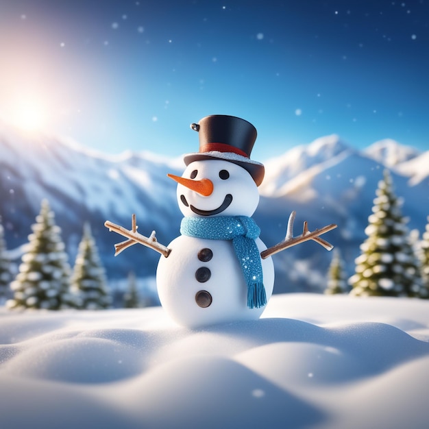 Foto pupazzo di neve con paesaggio invernale e sfondo di neve di alta qualità