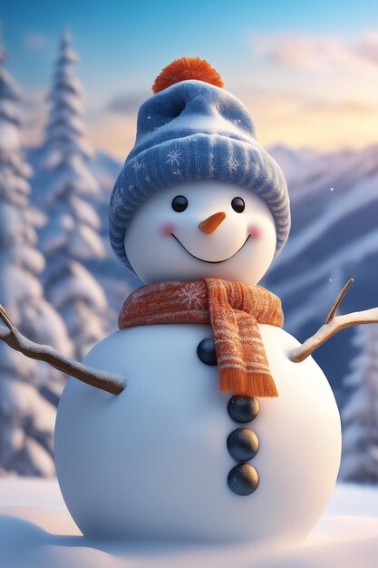 snowman with winter landscape and snow high quality background