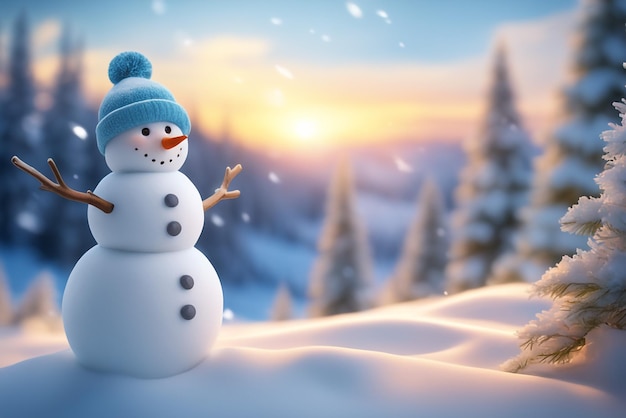 Snowman with winter landscape and snow high quality background