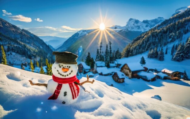 Snowman with winter landscape and snow