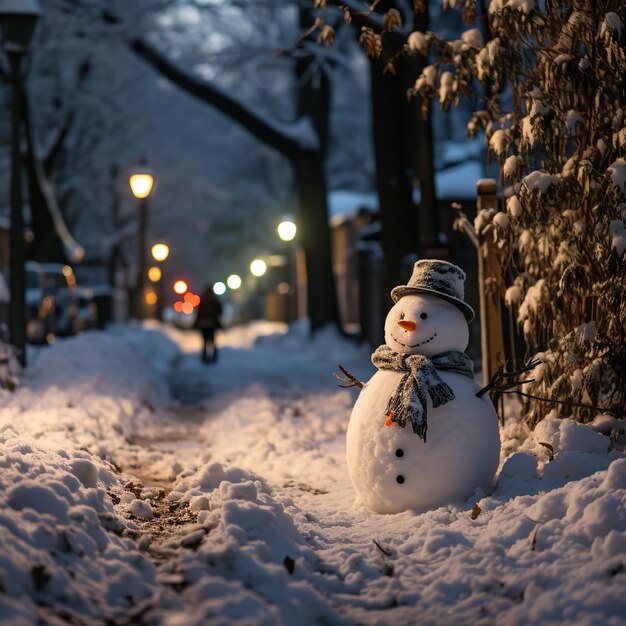 寒い冬の風景の雪人形 道路沿いの家 生成的なAI