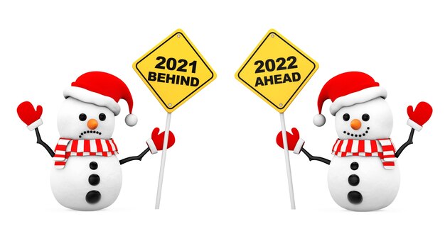 Snowmans met 2021 en 2022 jaartekens op een witte achtergrond. 3D-rendering