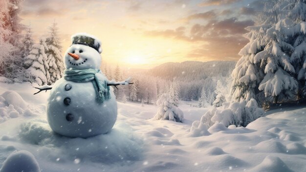 A snowmans winter bliss in panoramic view light