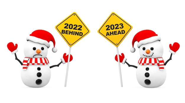 Snowmans with 2023 and 2022 Year Signs 3d Rendering