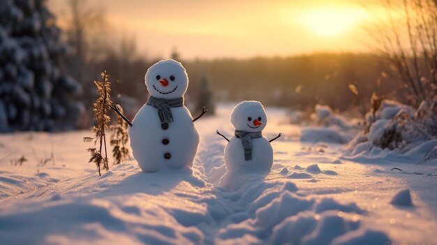 冬の風景に照らされた雪だるま 8K写真