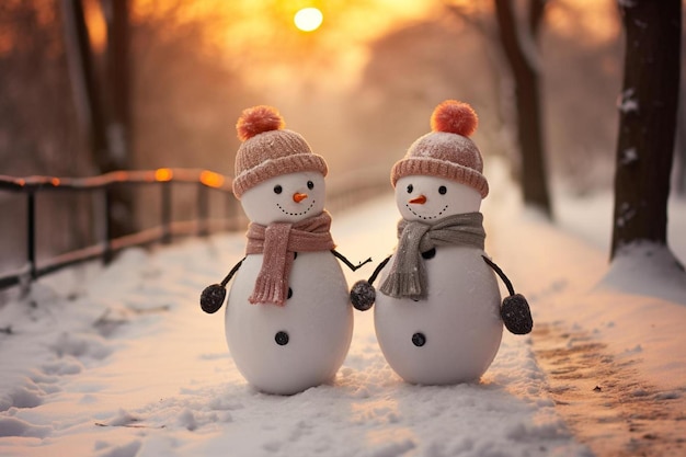 Snowmen are sitting in the snow, the snowman is wearing a hat and scarf.