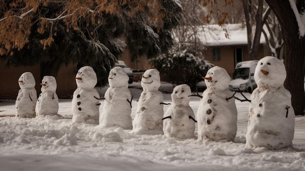 Snowmen in the snow with the snow on the ground