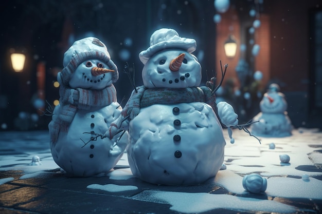 Snowmen in a snowy scene with a man in a hat and a hat.