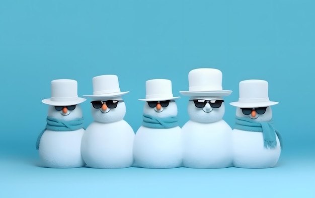 Snowmen wearing hats and sunglasses are lined up in a row