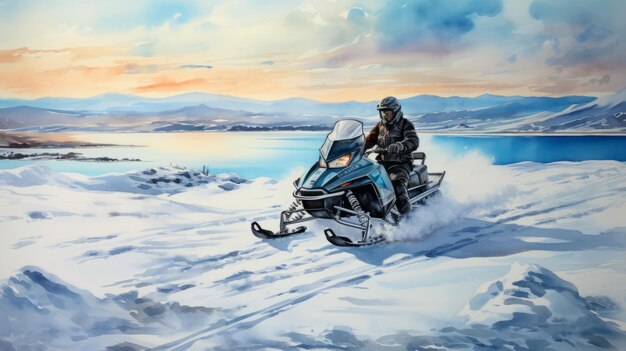 Snowmobile Ride A Watercolor Painting Of A Beautiful Morning Scene