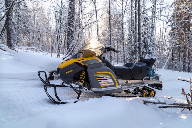 Snowmobile in the winter forest.