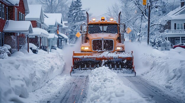 Photo snowplow clearing a street residential background