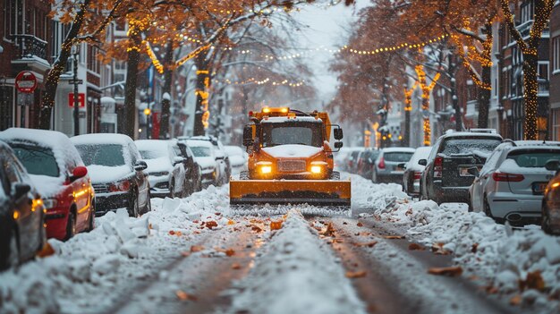 Photo snowplow clearing a street residential background