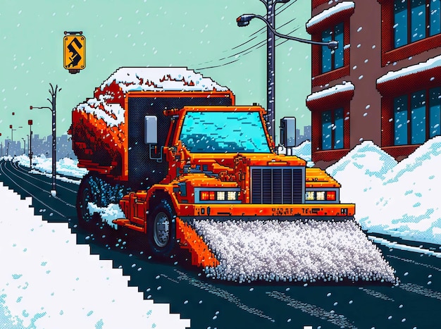 A snowplow clears the streets from snowfall bit style clear style created with generative ai