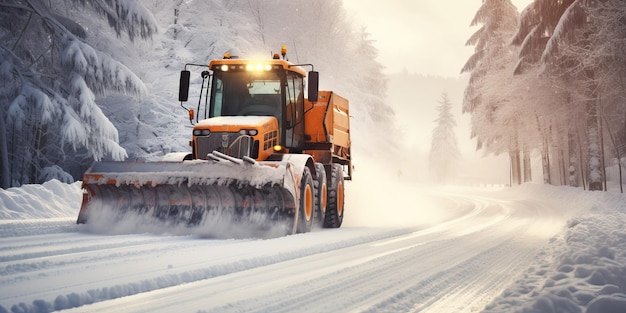 Photo snowplow removing snow from a road during a winter blizzard or snowstorm concept of traffic in