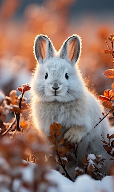 Snowshoe hare or Varying hare standing in the winter snow in Canada