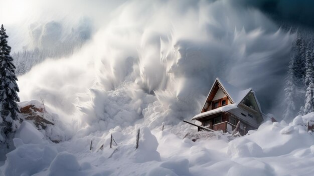 A snowstorm covered a house in the forest