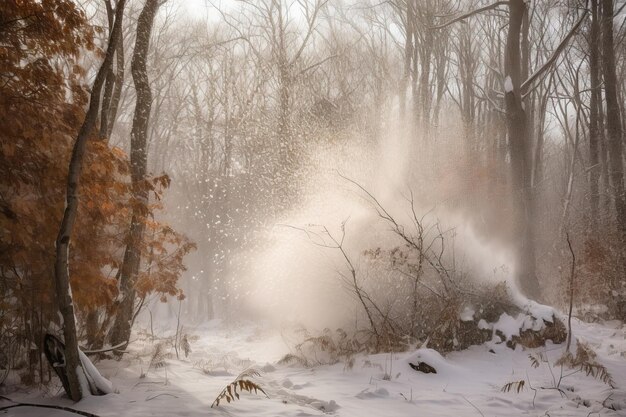 森を吹き抜ける吹雪が雪と風をもたらす