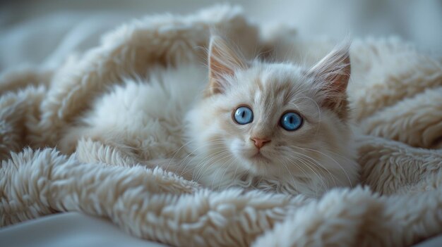 Photo snowwhite kitten with blue eyes on fluffy blanket