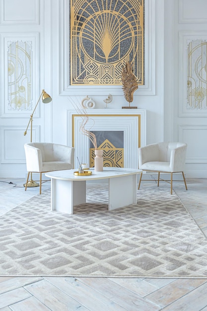 Interno di un appartamento di lusso bianco come la neve con decorazioni in stile egiziano con mobili leggeri ed eleganti enormi finestre panoramiche e un minimalismo e semplicità ad arco con l'eleganza del design moderno degli alloggi