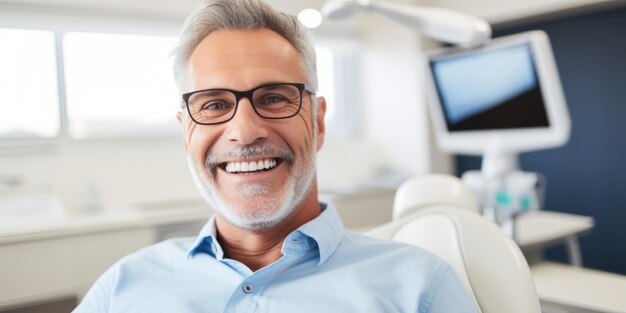 Foto il sorriso bianco di neve di un uomo di mezza età nell'ufficio del dentista ai generativa