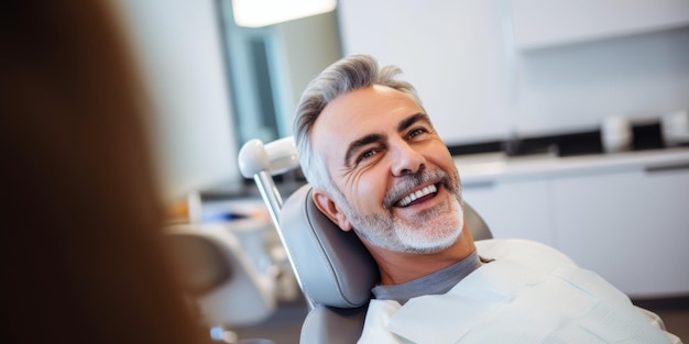 The snowwhite smile of a middleaged man in the dentists office Generative AI