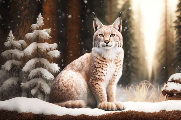 Snowwhite stuffed bobcat sitting on snow against background of fir trees generative ai