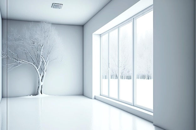 Snowwhite winter interior of empty office room with window to floor and frozen tree