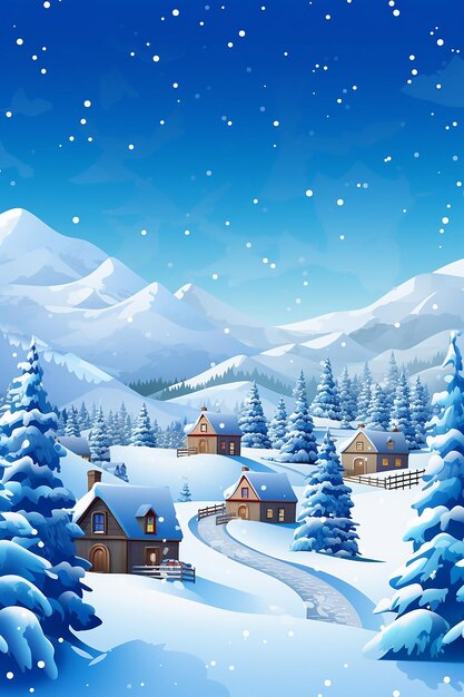 A snowy background illustration winter landscape with houses trees and snow covered mountain