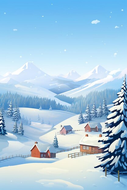 A snowy background illustration winter landscape with houses trees and snow covered mountain