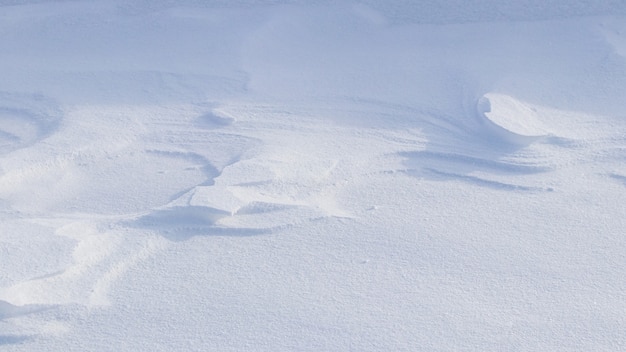 写真 雪に覆われた背景、明確な雪の層を伴う日光の下での朝の吹雪の後の雪に覆われた地球の表面
