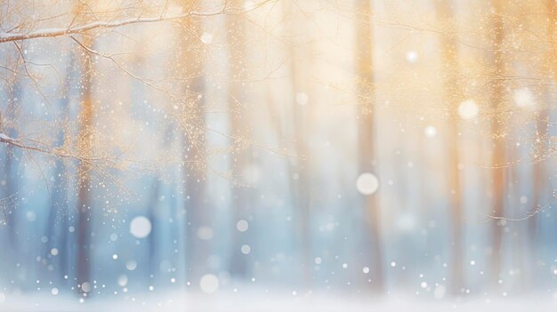 明るい金と紺碧のぼやけたボケのスタイルで冬の木々 と雪の背景