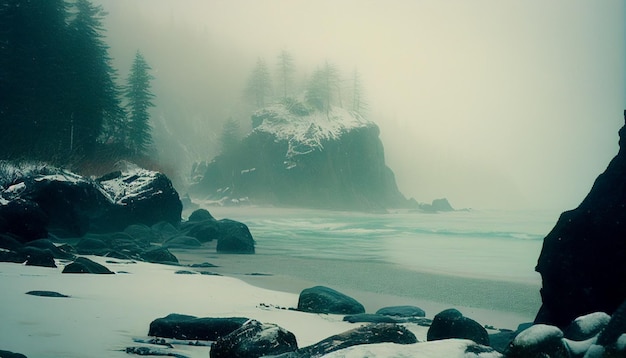 A snowy beach with trees on the shore and a snowy mountain in the background.