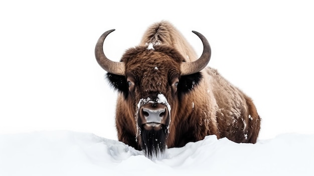 Snowy bison on snow background with empty space for text