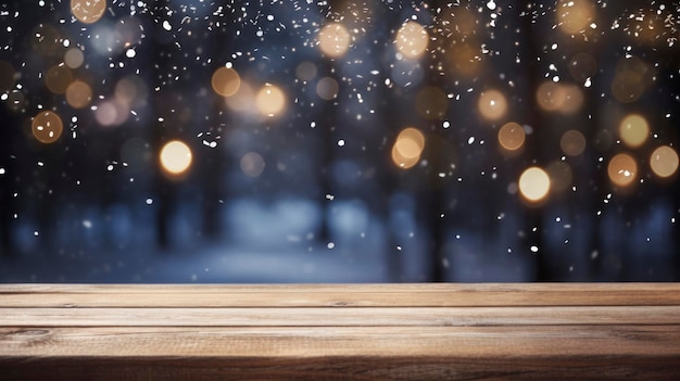 Snowy and bright bokeh background with wooden table for mockup