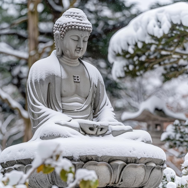 Фото Снежная статуя будды в спокойном пейзаже
