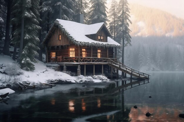 Snowy Cabin Retreat Frozen Lake and Mountain View Ai