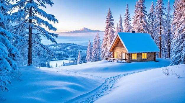snowy cabin in a winter forest
