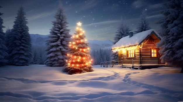 A snowy cabin with a beautifully decorated Christmas tree in the foreground